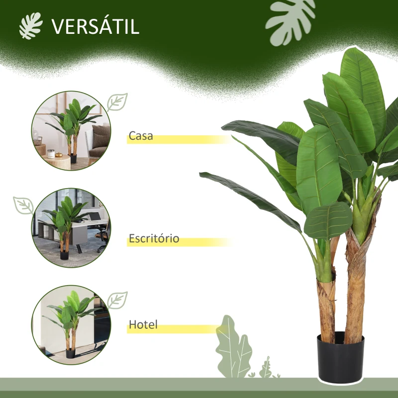 HOMCOM Conjunto de 2 Plantas Artificiais Ø17x120 cm Bananeiras Atificiais com Vaso e 15 Folhas Plantas Artificiais Decorativas Verde