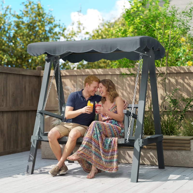 Outsunny 2 Seater Garden Swing Seat with Canopy, Wooden Swing Chair, Outdoor Hammock Bench for Balcony Patio Porch, Grey