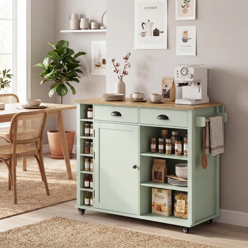 HOMCOM Isla de Cocina con Ruedas Tapa Abatible Especiero Toallero Armario 2 Cajones 117,5x70x91 cm Verde Claro