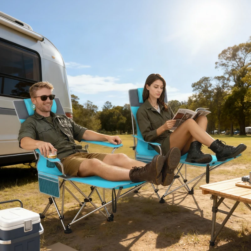 Outsunny Set of 2 Reclining Folding Camping Chair w/ Detachable Footrest, Storage Bag, Cup Holder & Headrest, Blue and Grey