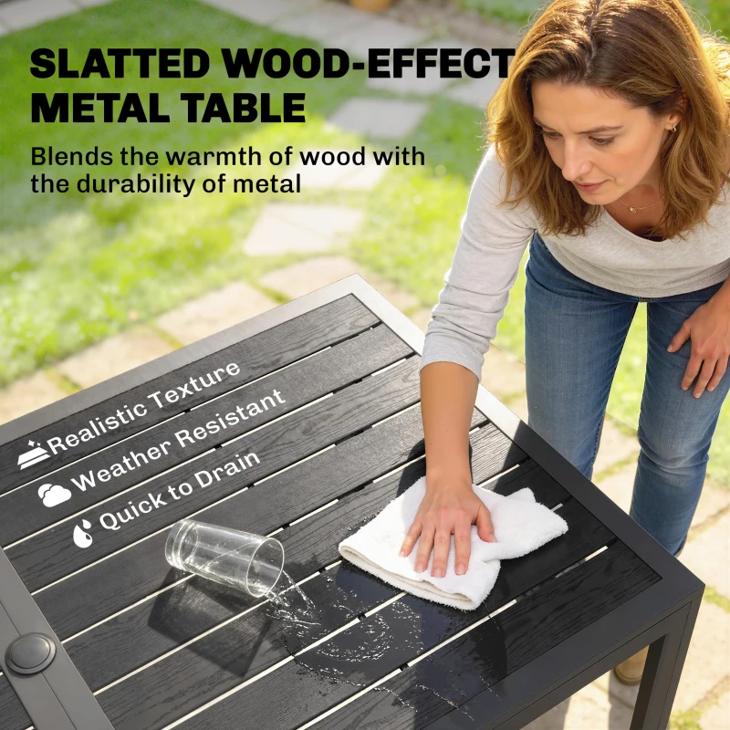 Outsunny Garden Dining Set for 6, Faux Wood Metal Outdoor Table and Stackable Chairs with Plastic Rattan Effect Seat, Black