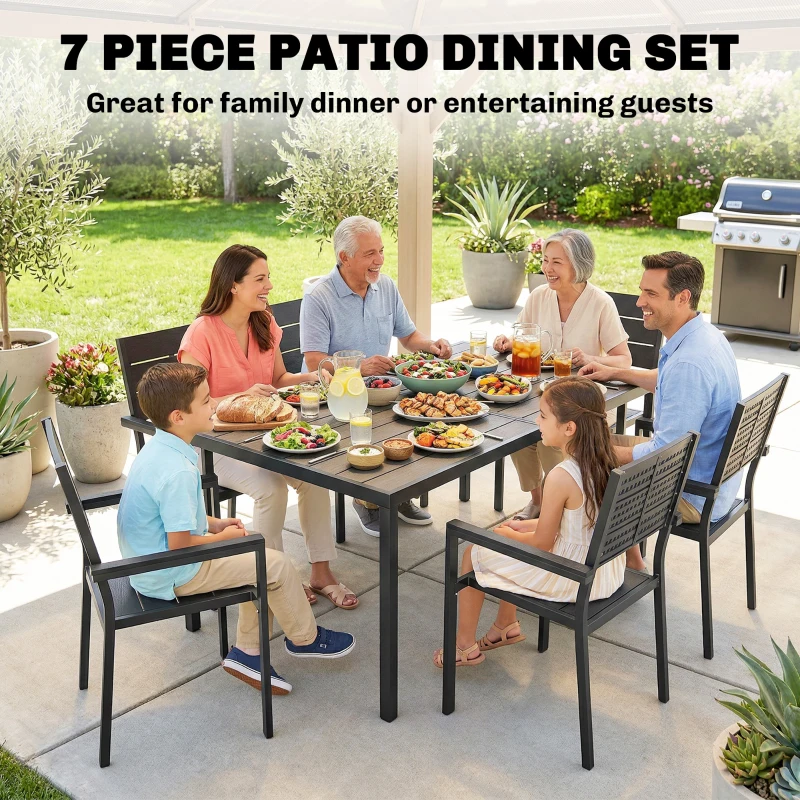 Outsunny 7 Pieces Outdoor Dining Set, Patio Table and Chairs for 6, Garden Dining Furniture Set with Slatted Tabletop