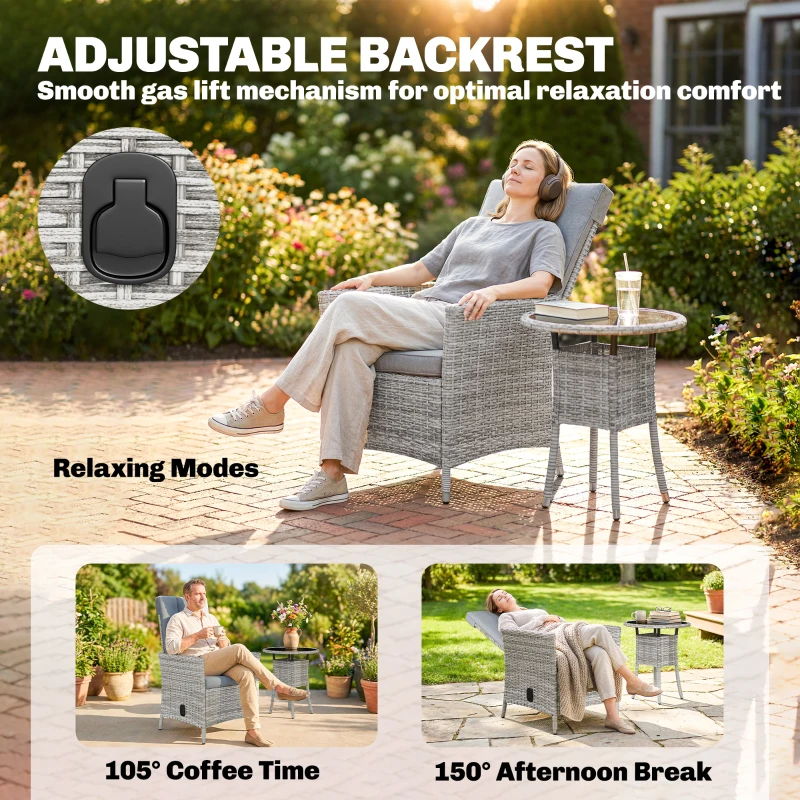 Outsunny Rattan Bistro Set, Reclining Garden Chairs and Glass Coffee Table with Cushions for Patio Balcony Porch, Light Grey