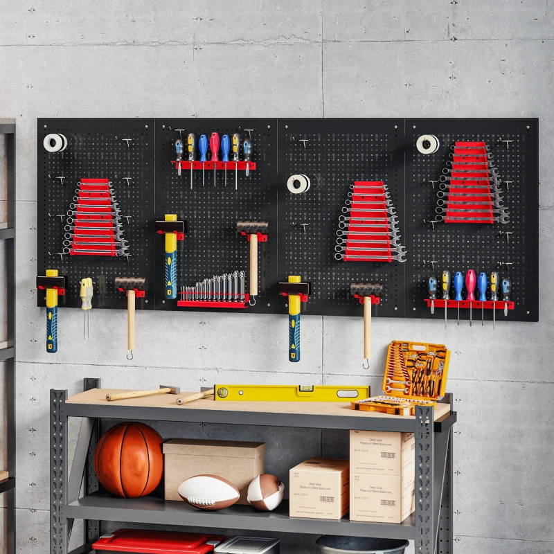 HOMCOM panneau perforé mural 600 x 400 mm, organiseur garage en acier avec 4 panneaux perforés, noir et rouge