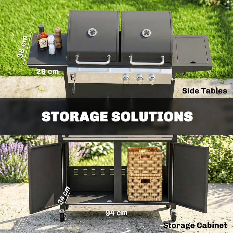 Outsunny 2+1 Burner Hybrid Dual Fuel BBQ Gas Grill, 2-in-1 Propane & Charcoal Barbecue Grill Smoker Combo with Wheels, Black