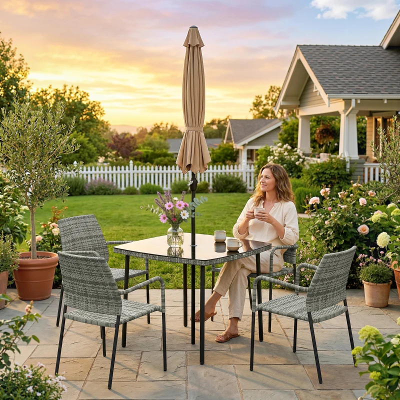 Outsunny 4 Seater Rattan Dining Set with Parasol, 6 Piece Garden Table and Stackable Chairs with Tempered Glass Tabletop