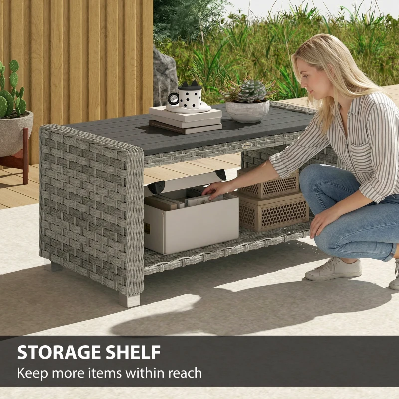 Outsunny Outdoor Coffee Table with Storage Shelf, PE Rattan Side Table with Slatted Top and Foot Pads, Grey