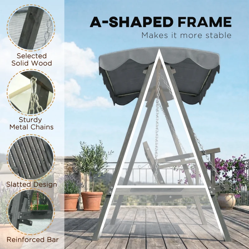 Outsunny 3 Seater Garden Swing Seat with Canopy, Wooden Swing Chair, Outdoor Hammock Bench for Balcony Patio Porch, Grey