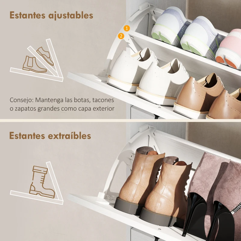 HOMCOM Zapatero Estrecho con 2 Cajones Abatibles Estantes Ajustables para 12 Pares para Espacio Reducido 106,7x26x116cm Blanco