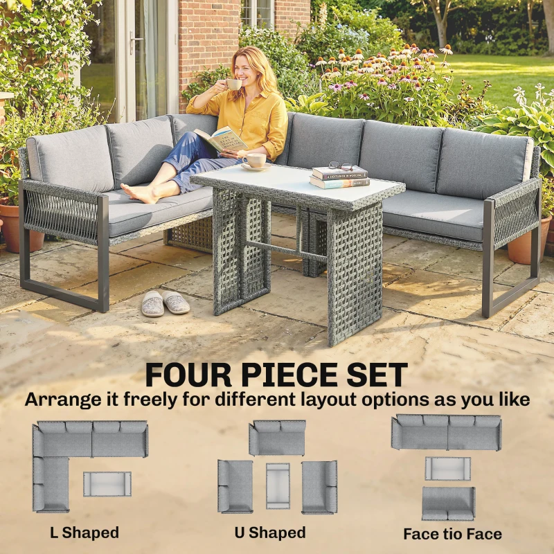 Outsunny 6 Seater Rattan Garden Furniture Set with 3 Loveseats, Table, Patio Rattan Furniture Corner Sofa Set, Grey