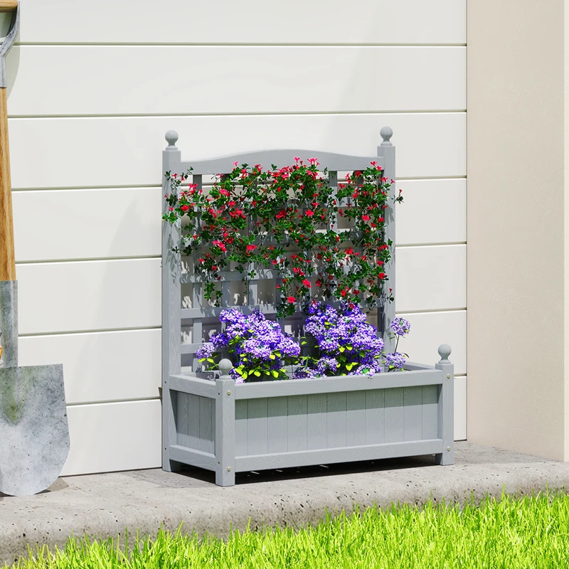 Outsunny Garden Planters with Trellis for Climbing Vines, Wood Raised Beds for Garden, Flower Pot, Indoor Outdoor, Grey