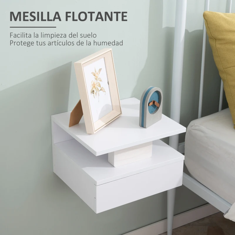HOMCOM Juego de 2 Mesitas de Noche Flotantes con Cajón Montado en la Pared 35x32x22,5 cm Blanco