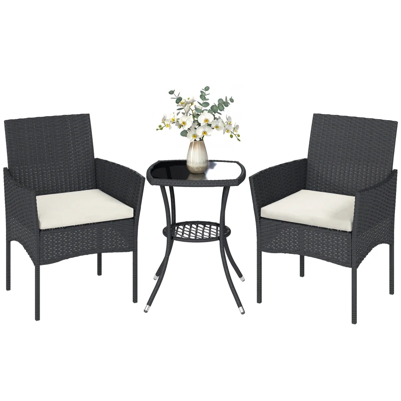 Outsunny 3 Piece Rattan Bistro Set, PE Wicker Garden Furniture Conversation Set with 2 Tier Glass-Top Table, Chairs, Cream White