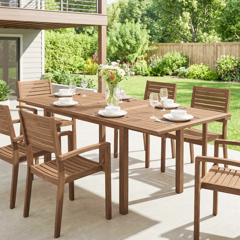 Outsunny Extending Garden Table, Outdoor Dining Table for 6-8 with Acacia Wood Slatted Tabletop for Balcony Porch