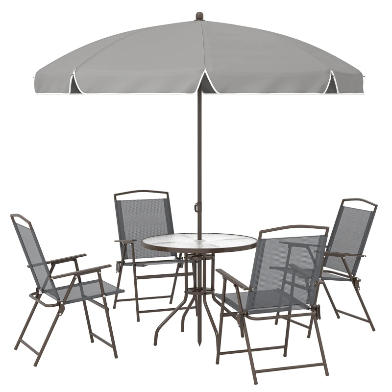 Outsunny 6 Piece Garden Dining Set with Umbrella, Patio Sets with Parasol, 4 Folding Dining Chairs, Dark Grey