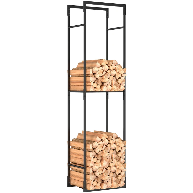 Outsunny Metal Firewood Log Holder, Heavy Duty Firewood Rack with Adjustable Shelf, Indoor Outdoor Fireplace Wood Storage Shelf, 45 x 31 x 170 cm, Black