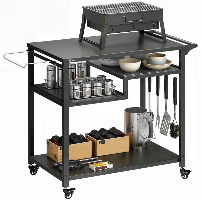 Outsunny Outdoor Grill Cart, Three-Tier Pizza Oven Stand  with Steel Tabletop, Hooks, Rubbish Bag Holder, Wheels, Black