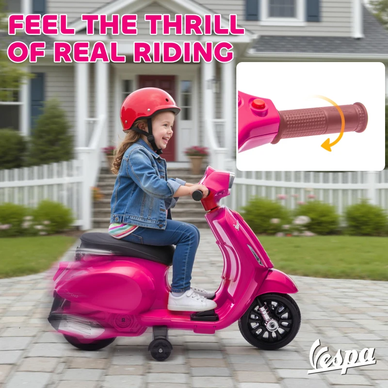 AIYAPLAY Elektryczny Motocykl Dziecięcy Vespa 6V z Bocznymi Kółkami, Reflektorami i Klaksonem, Różowy, 71 x 37 x 52 cm, Dla Dzieci 2-6 Lat