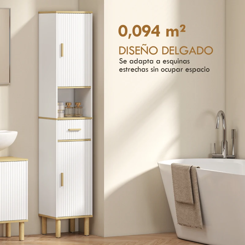 HOMCOM Columna de Baño Estrecha con Estantes Ajustables Cajón Compartimento Abierto 31,5x29,7x171,5 cm Blanco