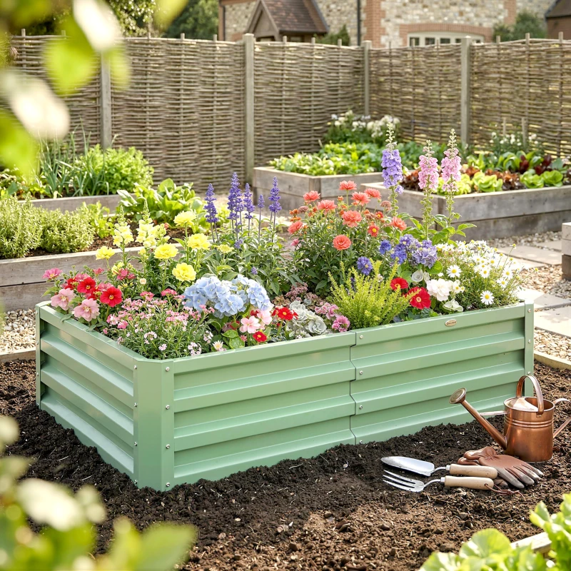 Outsunny Raised Beds for Garden, Galvanised Outdoor Planters, for Herbs and Vegetables, Use for Patio, Garden, Balcony