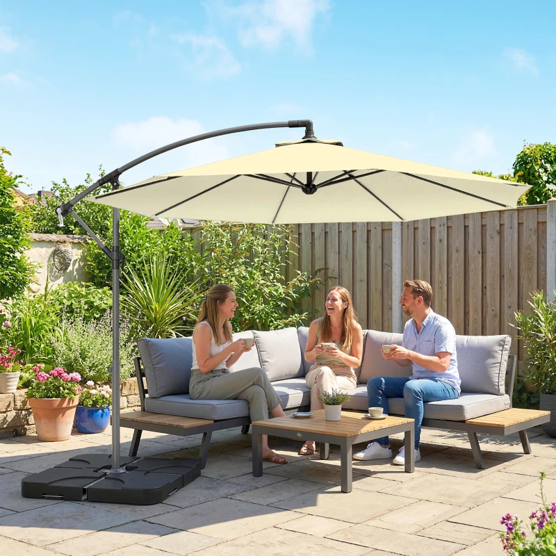 Outsunny 3m Overhanging Parasol, with Base, Weights and Cover - Sand brown