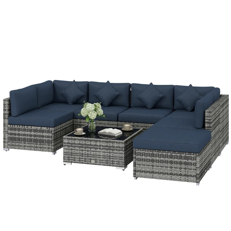 Outsunny 8 Pieces PE Rattan Corner Sofa Set, Outdoor Garden Furniture Set, Patio Wicker Sofa Seater w/ Cushion, Dark Blue