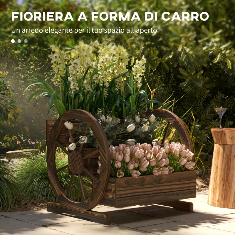 Outsunny Fioriera da Esterno a 3 Livelli con Ruote Decorative in Legno di Abete Carbonizzato, 62x61x57 cm
