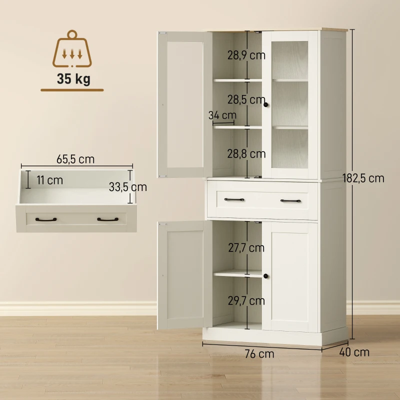 HOMCOM Armário de Cozinha com 2 Portas de Acrílico Gaveta Grande e Prateleiras Ajustáveis 76x40x182,5 cm Creme