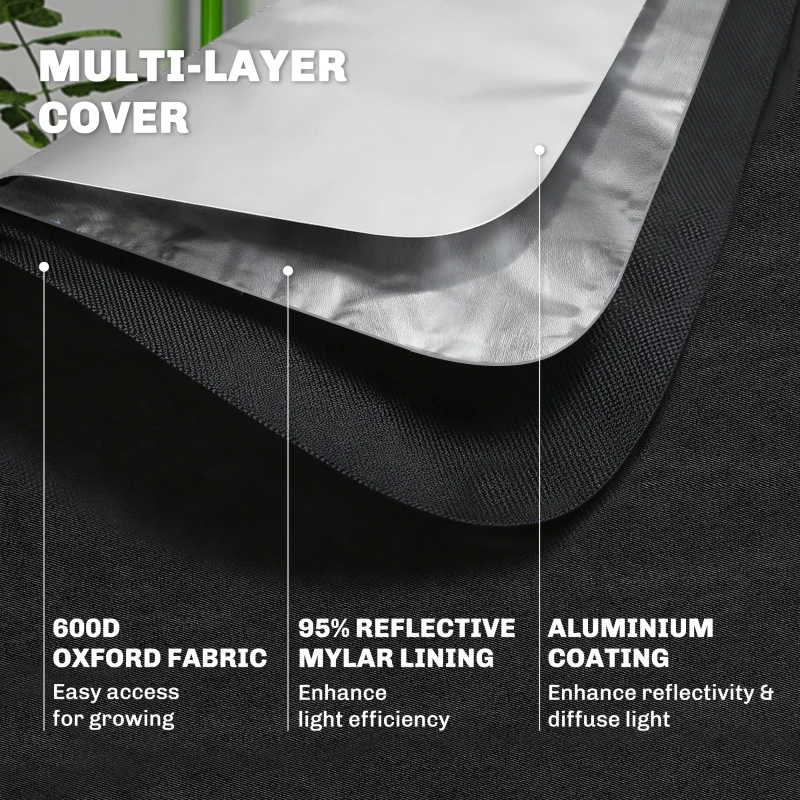 Outsunny Grow Tent 120 x 120 x 200 cm, Reflective Mylar Hydroponic Growing Tent with 600D Oxford Fabric, Observation Window, Vent, Zipper Door for Indoor Plant Growing, Black