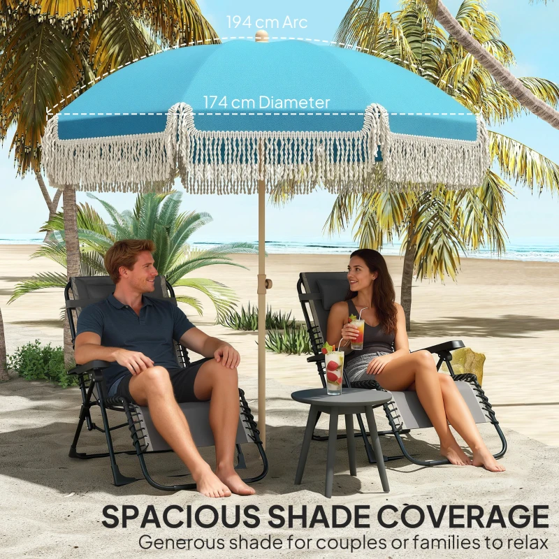Outsunny 1.7 m Beach Umbrella with Sand Anchor, 30° Tilting Fringed Beach Garden Parasol with Adjustable Height, Grey