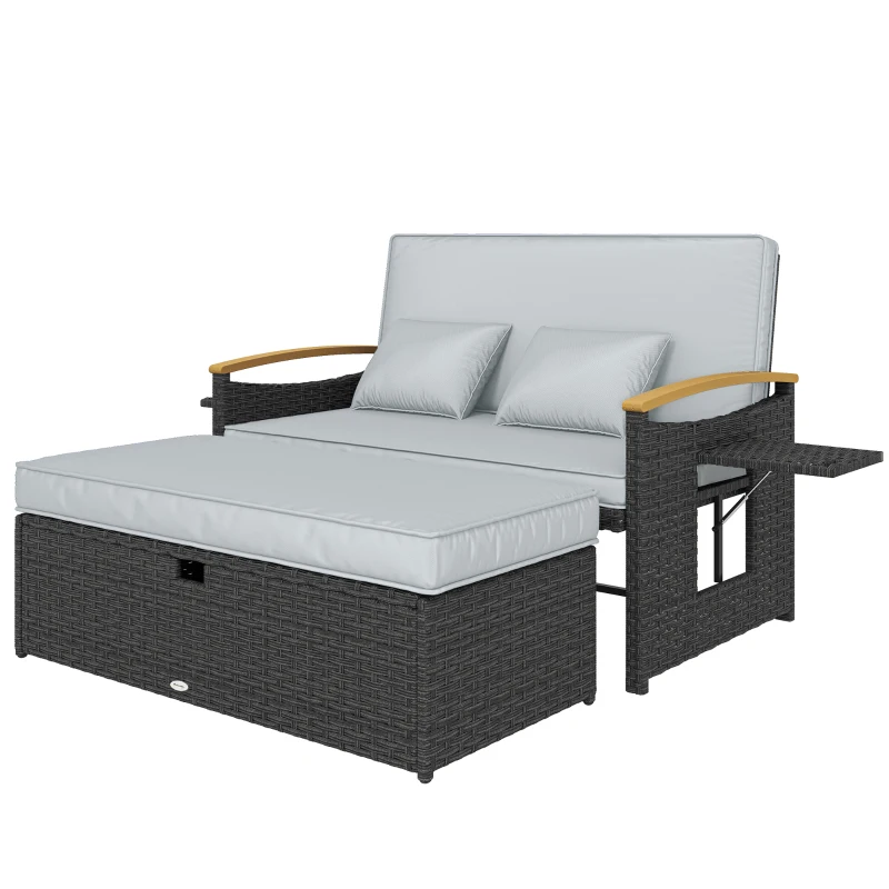 Outsunny Double Garden Rattan Daybed, Wicker Sun Bed Chaise Lounger with Storage Ottoman, 4-Level Adjustable Backrest, Dark Grey