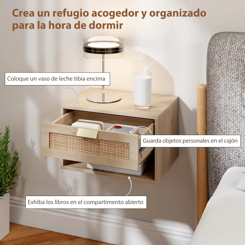 HOMCOM Juego de 2 Mesitas de Noche Flotantes con Cajón de Ratán Estante Abierto Ahorra Espacio 40x30x25 cm Roble
