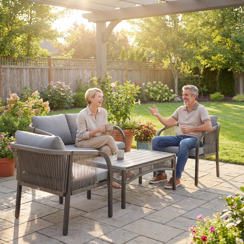 Outsunny 4 Piece Rattan Garden Furniture Set with Loveseat, Armchairs, Table, Steel Frame Wicker Patio Conversation Set, Grey