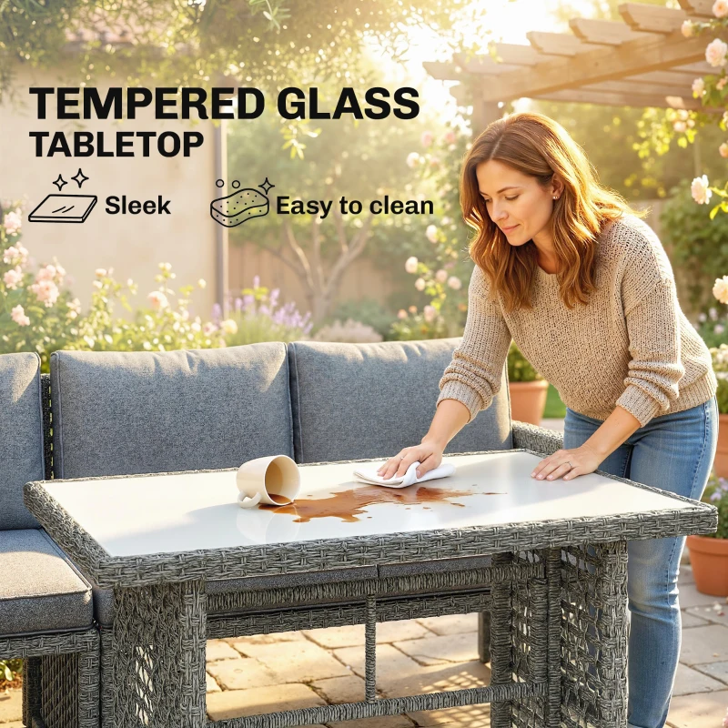 Outsunny 6 Seater Rattan Garden Furniture Set with 3 Loveseats, Table, Patio Rattan Furniture Corner Sofa Set, Grey