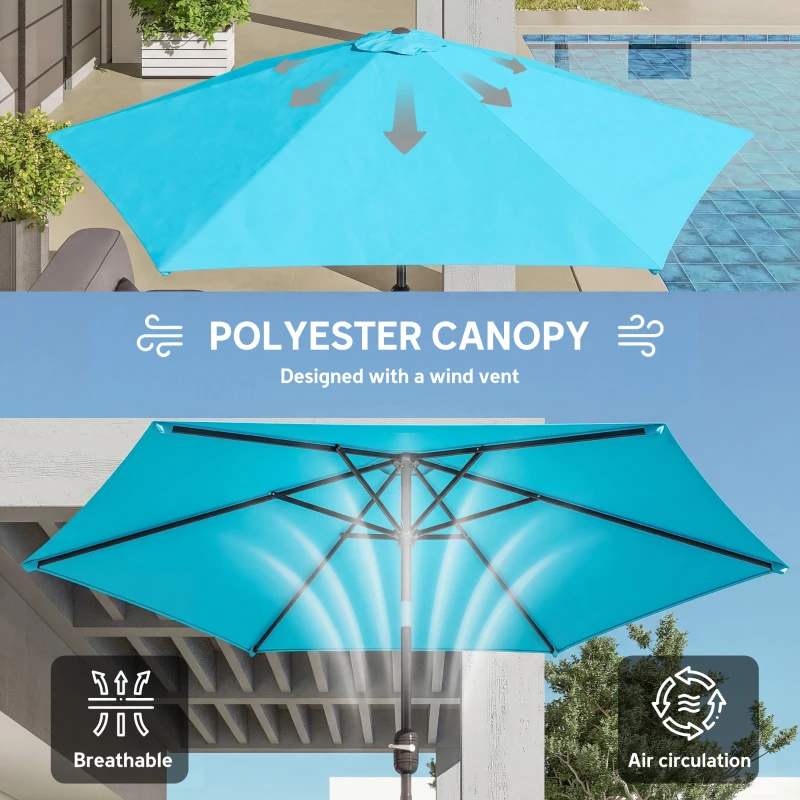 Outsunny 2.6 m Garden Parasol Umbrella with Aluminium Pole, Outdoor Patio Umbrella with Tilt and Crank, Vent, Blue
