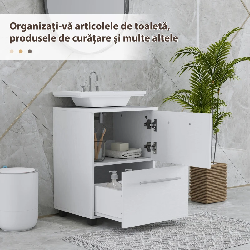 HOMCOM Dulap Sottolavabo pentru Baie cu Sertar și Dulap, Dulap Compact cu Decupaj în U, Mobilier Baie Modern și Economisire Spațiu, Potrivit pentru Lavoare fără Coloană, 41,5x35,5x59 cm, Alb