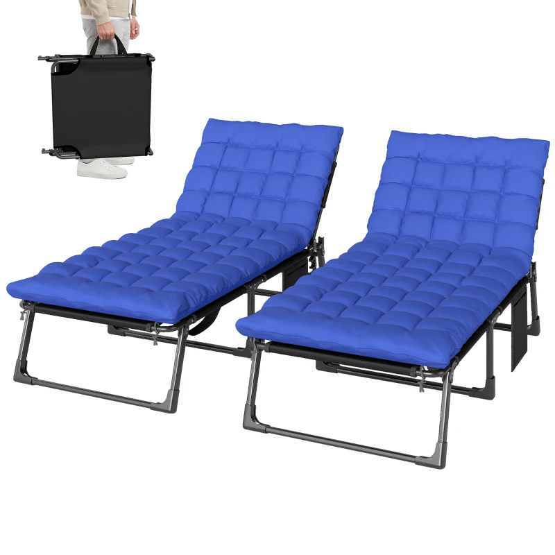Outsunny Folding Sun Loungers for Garden Set of 2, 5-Position Oversized Camping Bed Recliner with Cushions, Blue