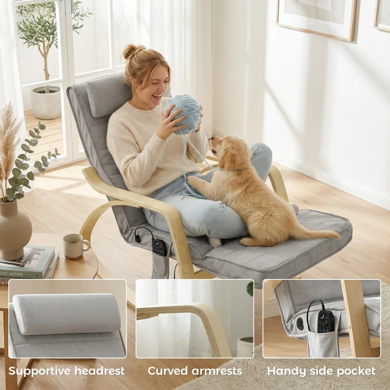 HOMCOM Fauteuil à bascule avec massage, chauffage, appui-tête & repose-pieds, revêtement velours, fauteuil relax, Gris clair