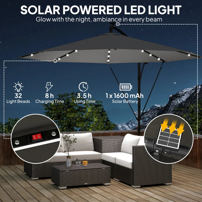 Outsunny 3 m Cantilever Parasol with Solar LED Lights Garden Umbrella with Cross Base, Black