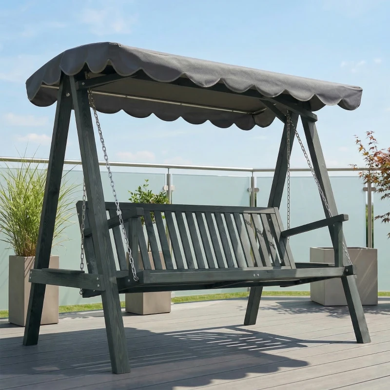 Outsunny 3 Seater Garden Swing Seat with Canopy, Wooden Swing Chair, Outdoor Hammock Bench for Balcony Patio Porch, Grey