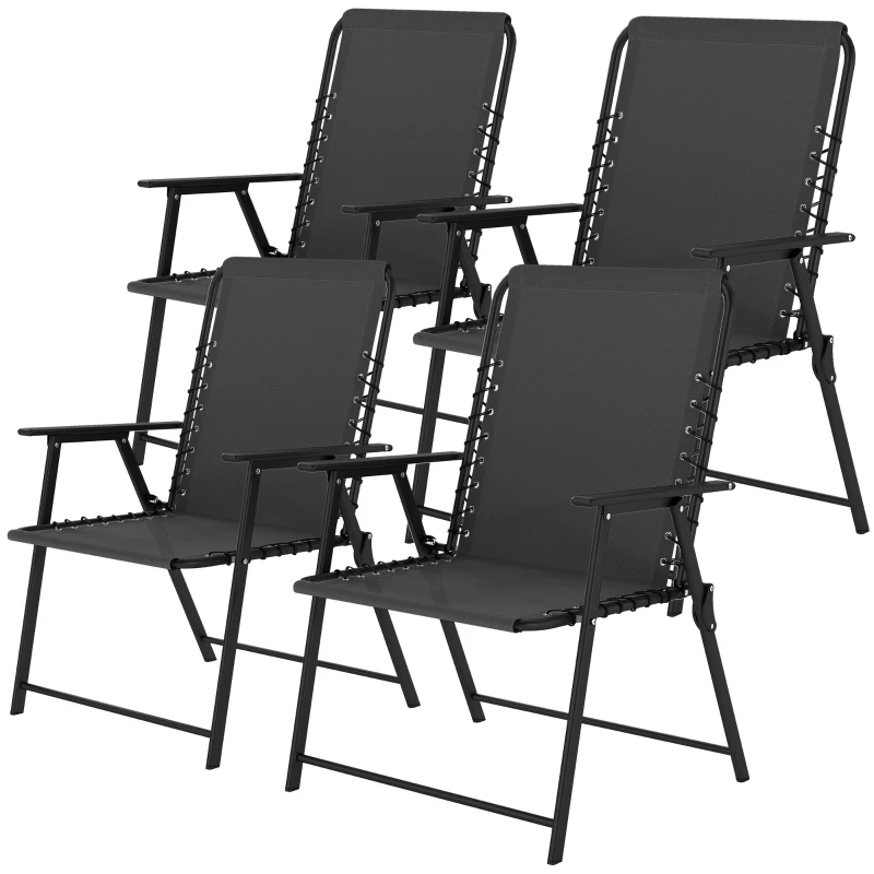 Outsunny Folding Garden Chairs Set of 4, Outdoor Dining Chairs with Wide Texteline Seat, High Back and Armrests, Black
