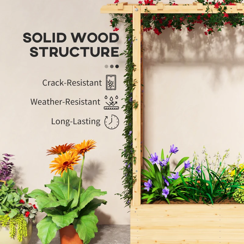 Outsunny Garden Planter with Trellis, Wooden Raised Bed for Garden with Hanging Roof and Drainage Holes, Outdoor Trellis Planter Box for Vegetables, Herbs and Flowers, 110 x 44 x 113 cm, Natural