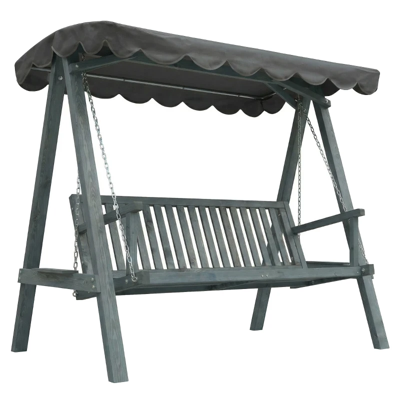 Outsunny 3 Seater Garden Swing Seat with Canopy, Wooden Swing Chair, Outdoor Hammock Bench for Balcony Patio Porch, Grey