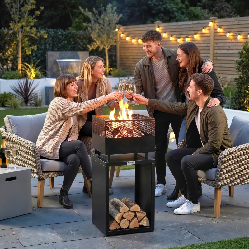 Outsunny Outdoor Fire Pit with Wood Storage Wood Burning Firepit with Mesh Sides 87 cm Black