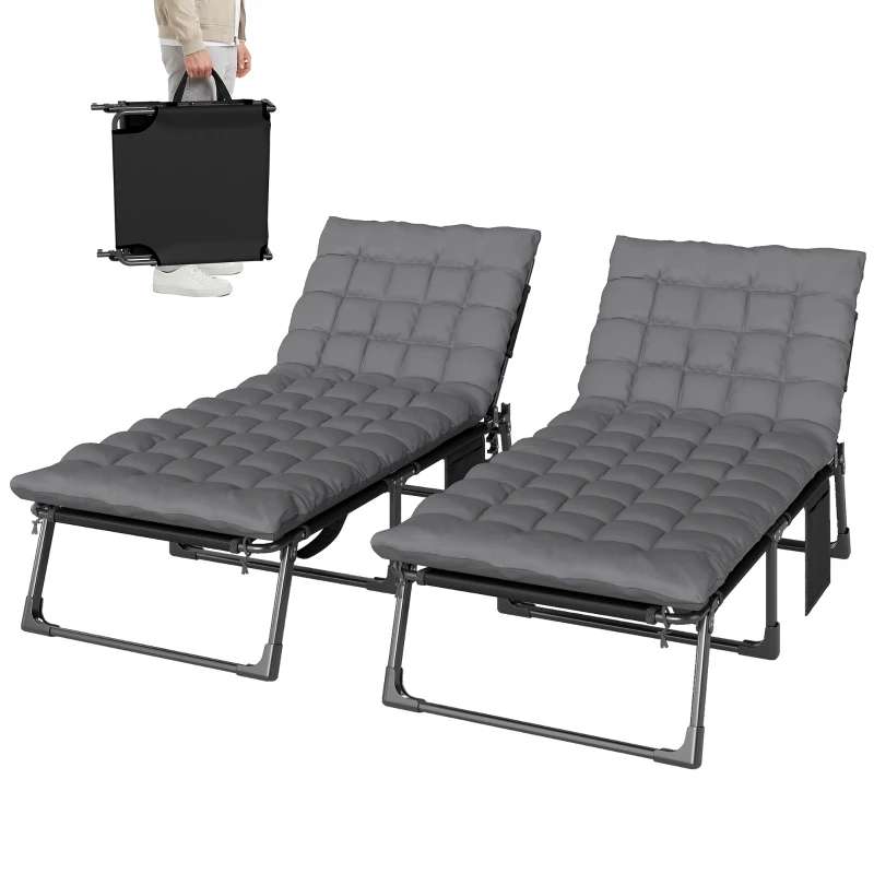 Outsunny Folding Sun Loungers for Garden Set of 2, 5-Position Oversized Camping Bed Recliner with Cushions, Dark Grey