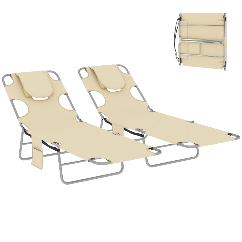 Outsunny 5-Position Adjustable Sun Loungers Set of 2 with Reading Hole and Side Pocket, Beige