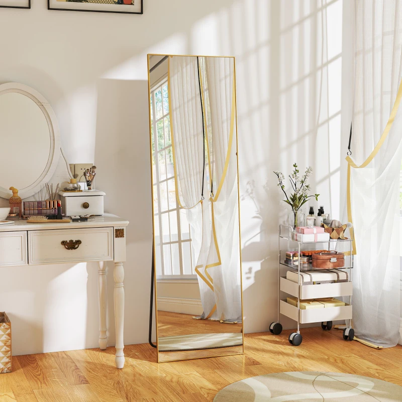 HOMCOM Espejo de Pie Cuerpo Entero de Aleación de Aluminio Espejo de Pared con 2 Formas de Uso Rectangular 50x161,5x2 cm Dorado