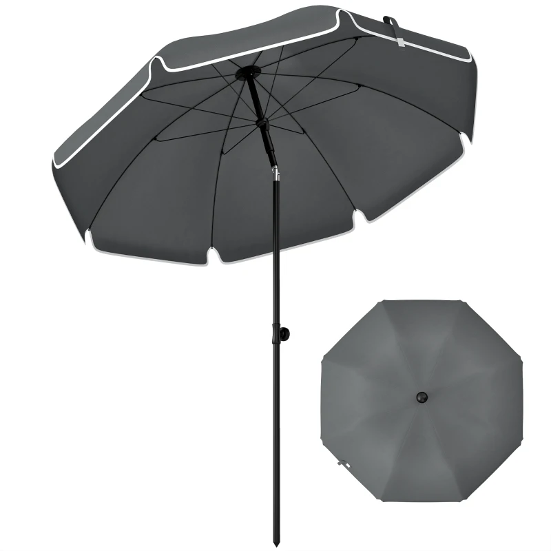 Outsunny 1.8 m Beach Umbrella Parasol with Sand Anchor, Portable 30° Tilting Patio Sun Shade with Adjustable Height, Dark Grey