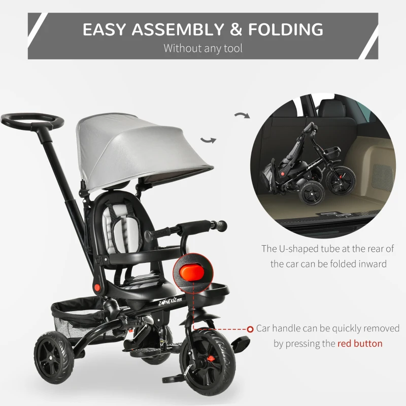 HOMCOM 4 in 1 Kids Trike Toddler Foldable Pedal Tricycle w/ Reversible Angle Adjustable Seat Removable Handle Canopy Belt Brake for 1-5 Years - Grey