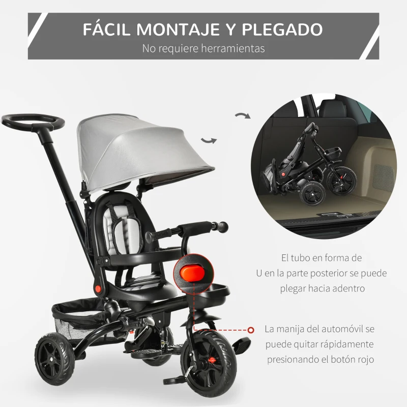 HOMCOM Dreirad mit Schubstange drehbarer Sitz 4-in-1 Kinderdreirad Kinder Fahrrad klappbar abnehmbar Kinderauto Metall EVA Grau 111,5 x 52 x 98 cm